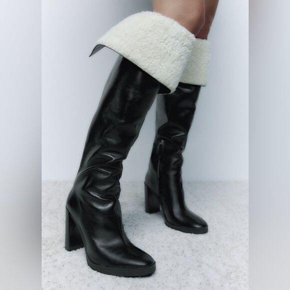 Zara OVER-THE-KNEE LEATHER BOOTS WITH FAUX SHEARLING LINING - Picture 9 of 11